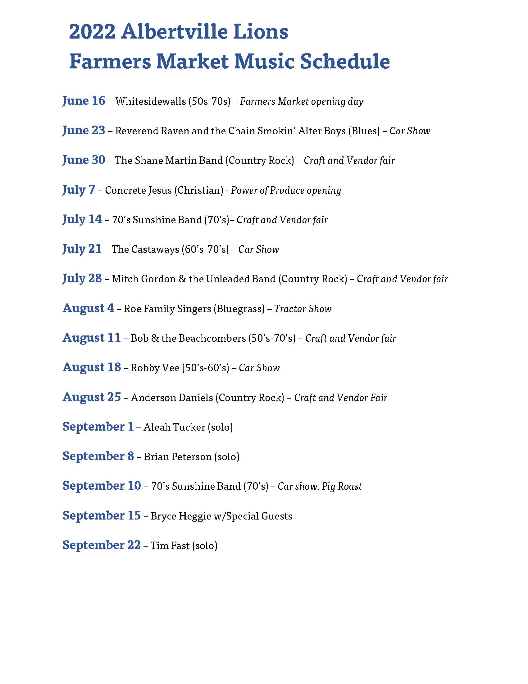 2022 Albertville Lions Music Schedule - Image